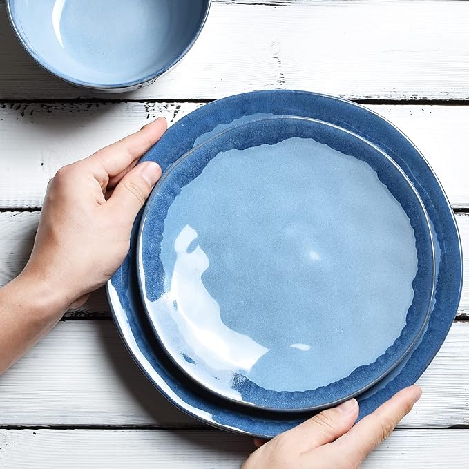 Bosmarlin Stoneware Dinnerware Set, Ceramic Bowls and Plates Set, Service for 4, 12 Piece, Microwave and Dishwasher Safe, Reactive Glaze (Light blue)