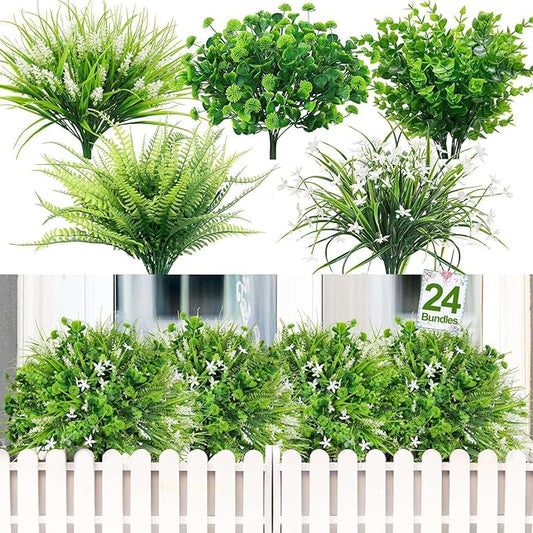 24 Bundles Artificial Plants Flowers for Outdoors Summer Decor, UV Resistant Fake Plants Plastic Faux Boston Fern Lavender Flowers Boxwood Greenery Shrubs for Gardens Porch Yard Home Spring Decor
