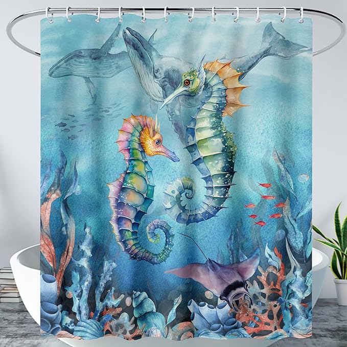AILONEN Seahorse Shower Curtain for Bathroom,Watercolor Seahorse Bath Curtain,Blue Ocean Animal Whale Coral Fish Shower Curtain Waterproof with 12 Plastic Hooks, 72" W*78" H