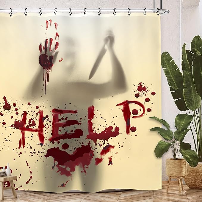 Halloween Horror Scary Shower Curtain 60Wx72L Inch Help Me Blood Silhouette Funny Spooky Holiday Bathroom Set Accessories Decor with 12 Pack Hooks
