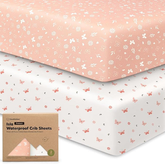 2-Pack Waterproof Crib Sheets for Boys, Girls-Viscose Derived from Bamboo Crib Sheets Neutral,Crib Mattress Protector Sheet,Soft Toddler Bed Sheets,Fitted Baby Crib Sheets Girl,Boy (Butterflies)