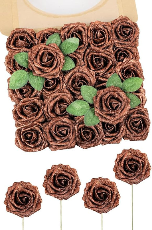 N&T NIETING Artificial Flowers Brown Glitter Flowers Foam 25pcs Roses Real Looking Fake Roses with Stem for DIY Wedding Bouquets Centerpieces Bridal Shower Party Home Decorations