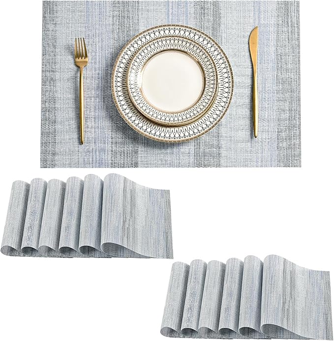 Leetaltree LightSteel Blue Placemats Set of 12 - Heat Resistant Non-Slip Place mats for Dining Table, Washable Durable PVC Vinyl Woven Table Mats（LightSteel Blue, 12）