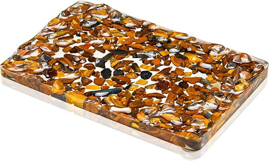 Handmade Tiger Eye Stone Rectangle Bar Soap Holder with Drainage Function, Crystal Dish for Shower and Bathroom Decor, Natural Soap Tray to Keep The Soap Dry Resin Kitchen Decoration(Tiger Eye Stone)
