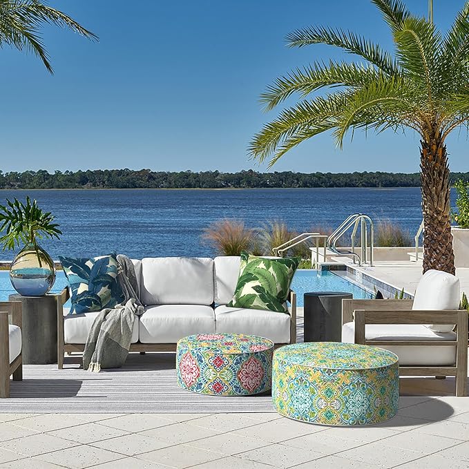 LVTXIII Indoor/Outdoor Inflatable Ottoman, D31 x H14 Inch Large Round Ottoman, All Weather Foot Rest Stool, Portable Footrest for Patio, Garden, Camping and Home - Damask Green