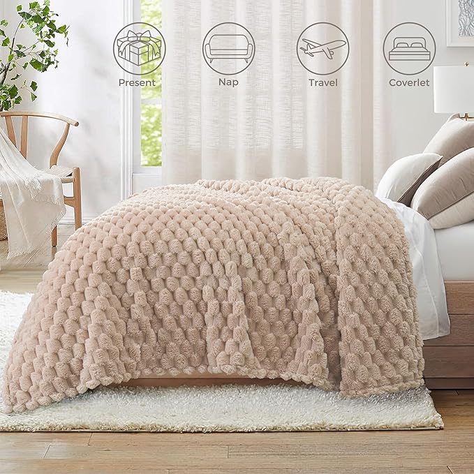 Whale Flotilla King Size Blanket for Bed with Jacquard Pattern, Fuzzy Soft Cozy Exquisite Blankets for All Season, Warm and Fluffy, 90x104 Inch, Camel