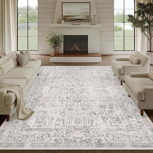 Gray Area Rug 9x12 Machine Washable Large Vintage Living Room Distressed Non Slip Carpet Traditional Indoor Bedroom Grey Retro Floral Accent Throw Rug for Office Kitchen Dining Room
