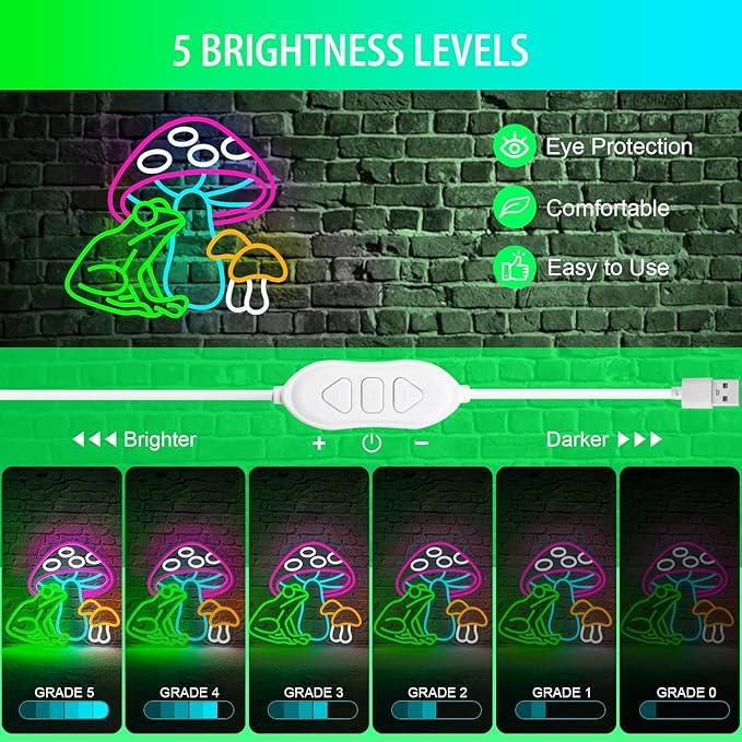 Mushroom Frog Neon Sign Colorful Mushroom Neon Light Frog Neon Sign, USB Powered Dimmable LED Cute Neon Signs for Wall Décor Kids Room, Perfect Gifts for Birthday, Christmas(14.5*13inches) ﻿