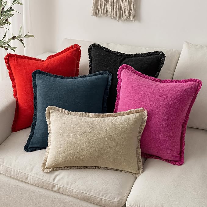 MIULEE Decorative Lumbar Throw Pillow Covers Neutral Linen Fringe Throw Pillows Set of 2 Hot Pink Boho Farmhouse Cushion Covers for Couch Sofa Bed Living Room Spring Home Decor 12x20 Inch