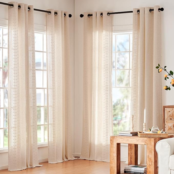jinchan Boho Curtains for Bedroom Beige Linen Blend Curtains Farmhouse Embroidered Bordered Living Room Drapes 90 Inch Length Bohemian Light Filtering Grommet 2 Panels Ivory on Beige