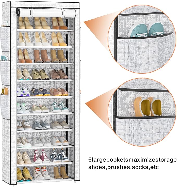 Shoes Rack 10 Tier Tall Shoe Rack with Storage Pockets, Fabric Covered Shoe Racks,Metal Shoes Rack Organizer for Closets,Bedroom, Garage