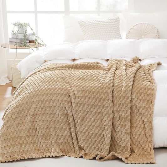 Puncuntex Beige Throw Blanket 108"×90" inches Fuzzy 3D Jacquard Decorative Flannel Fleece Super Soft Plush Cozy Blanket for Couch Sofa Chair Lightweight