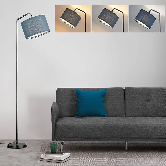 ELYONA LED Floor Lamp with 3 Color Temperatures, Modern Reading Standing lamp with Blue Linen Adjustable Hanging lampshade, Tall Pole Metal Lamp with 9W Bulb for Bedroom, Living Room, Office