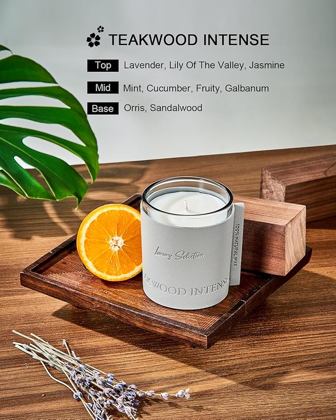 M&SENSE Soy Teakwood Scented Candle 7.4oz 40 Hours Long Lasting, Leather Wrapped Luxury Aromatherapy Gift for Men & Women, Relaxing Stress Relief
