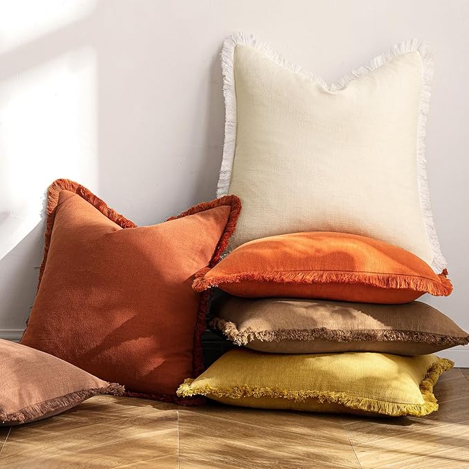 MIULEE Decorative Throw Pillow Covers Neutral Linen Fringe Throw Pillows Euro Shams Set of 2 Cream White Boho Farmhouse Cushion Covers for Couch Sofa Bed Living Room Spring Home Decor 24x24 Inch