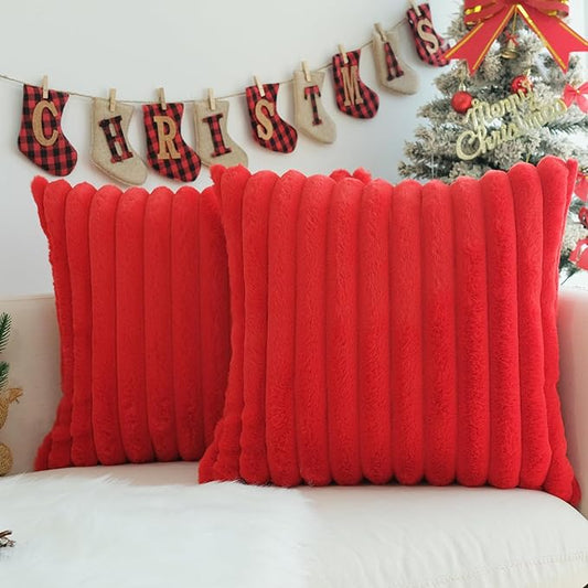 JOJUSIS Pack of 2 Faux Fur Plush Decorative Christmas Red Throw Pillow Covers Couch Cushion Case Soft Pillowcases (Red, 22 x 22-Inch)