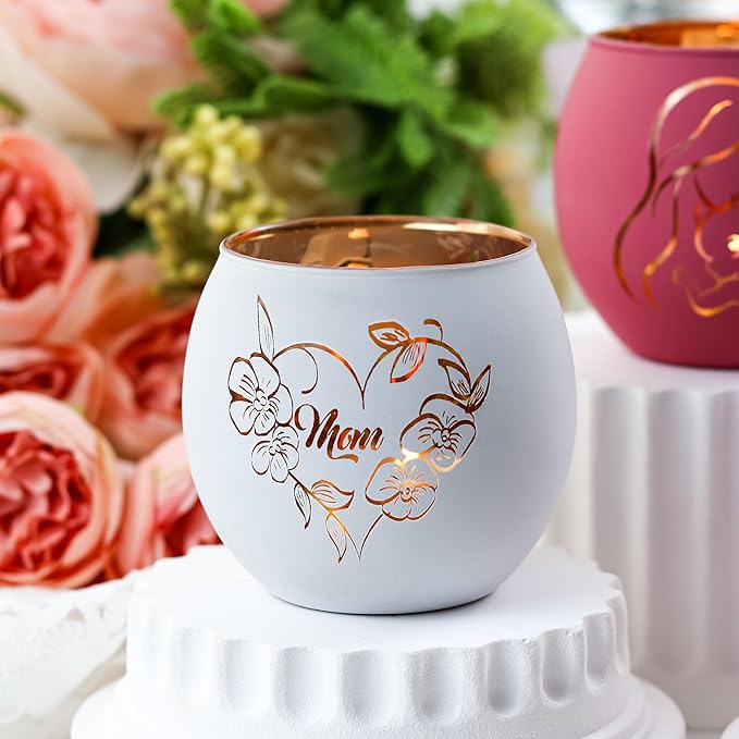 Birthday Gifts for Mom, Delicate Mother Gifts from Daughter Son, Engraved Glass ealight Votive Candle Holder Pink, Mothers Day Christmas Birthday Gifts for Mom, Ideas 6PCS