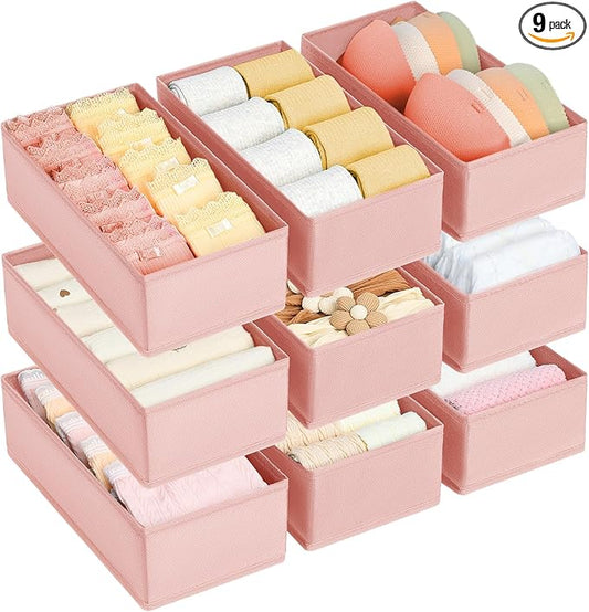 DIMJ Drawer Organizer Clothes - Underwear Organizer Small Sock Organizer Box Dresser Organizer for Baby Clothes,Bra,Socks, Belt, Tie, Set of 9,Pink