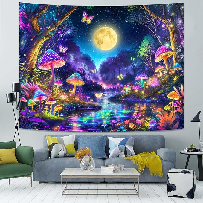 Kanuyee Blacklight Tapestry Butterfly Moon Wall Tapestry Magical Forest Tapestries for Bedroom Magical Tapestries Aesthetic Bedroom Room Decor Moon 44×60 Inches