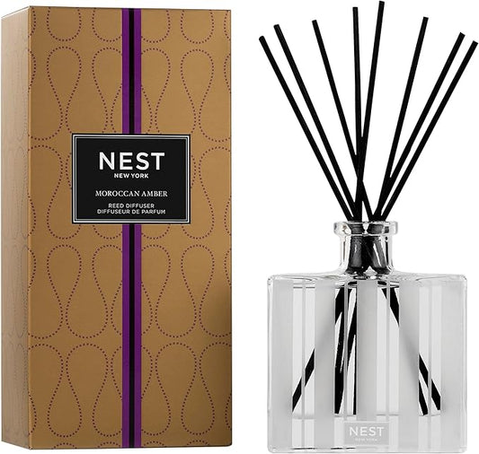 NEST New York Reed Diffuser, Moroccan Amber - 5.9 fl oz - Fragrance for Up to 90 Days - Reusable, Refillable Glass Holder - Includes 8 All-Natural Reed Sticks - Flame Free