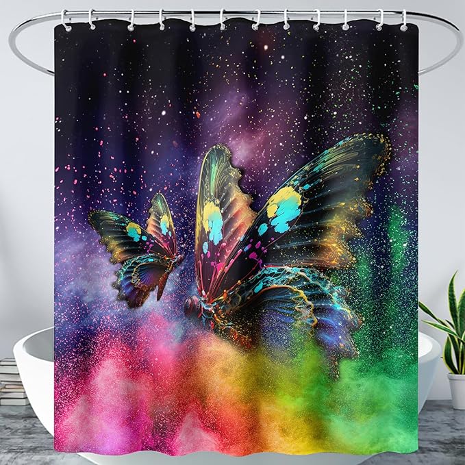 AILONEN Butterfly Shower Curtain for Bathroom, Rainbow Butterfly Bath Curtain,Modern 3D Printed Waterproof Tie Dye Shower Curtain with 12 Plastic Hooks (Kids/Girls/Women/Teen/) 72" W*96" H