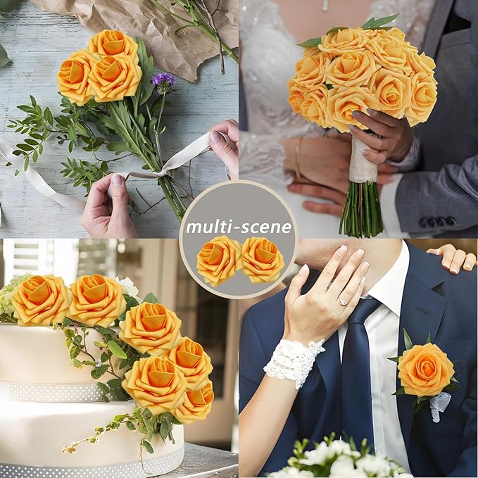 100Pcs Artificial Flowers Creamy Yellow Roses Real Looking Foam Fake Roses with Leaves and for DIY Wedding Bouquets Bridal Shower Centerpieces Party Decorations (Creamy Yellow, 100)