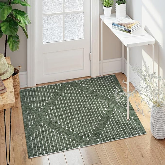LIVEBOX Boho Green Rug for Entryway Indoor, 2.3' x 3.6' Washable Kitchen Rugs Moroccan Front Door Rug Outdoor Doormat, Hand-Woven Area Rug Carpet for Layered Entrance Porch Bathroom(Green & White)