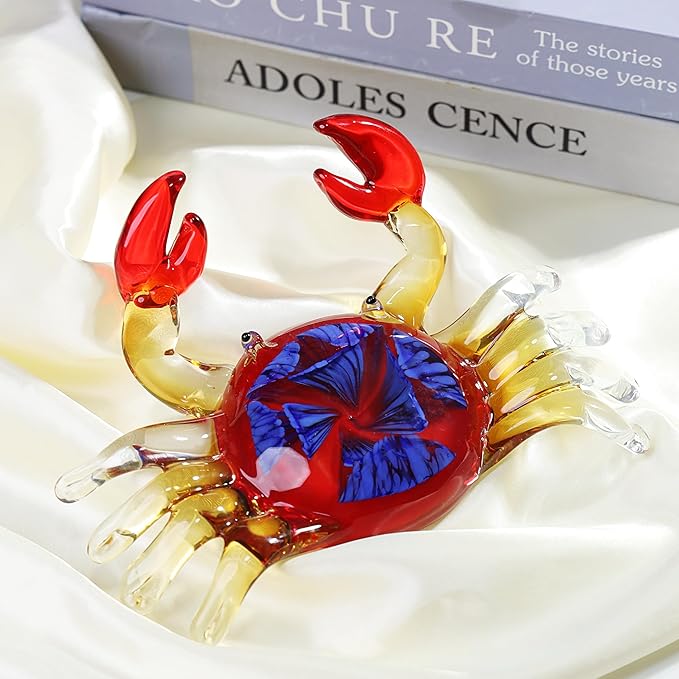 YAOYUAN Handmade Red Glass Crab Paperweight with Blue Flower - Unique Glass Animal Sculpture for Home Decor