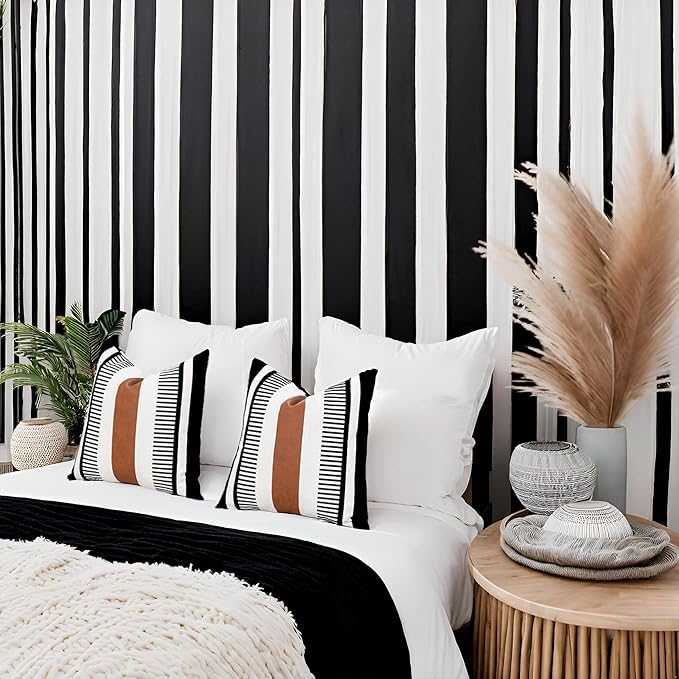 Farmhouse Stripe Throw Pillow Cover 26x26 Large Accent Cushion Cover Black and White Faux Leather Decorative Pillowcase for Sofa Couch Chair Bedroom Modern Decor,Black