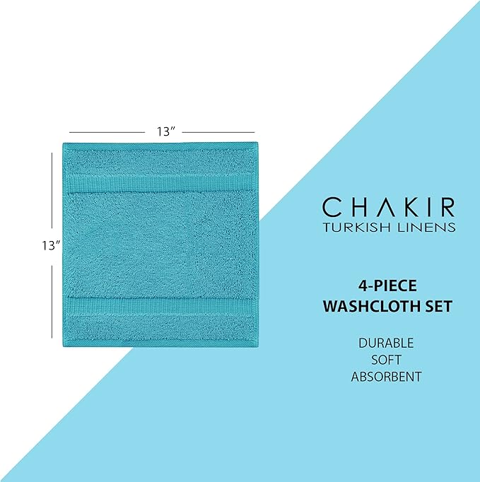Chakir Turkish Linens | Hotel & Spa Quality 100% Cotton Premium Turkish Towels | Soft & Absorbent (4-Piece Washcloths, Aqua)