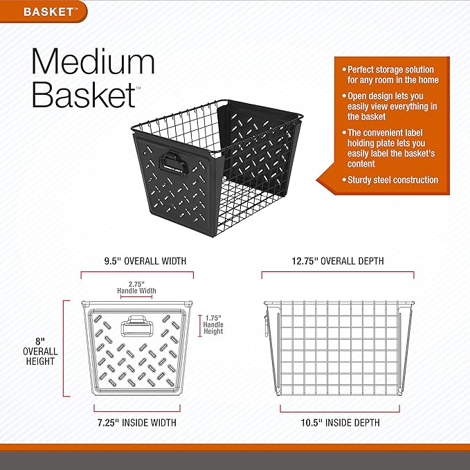 Spectrum Diversified Macklin, Stamped Steel & Wire Basket for Closet & Cubby Storage Vintage-Inspired Design with Customizable Label Plate, Medium, Industrial Gray, 1 Count (Pack of 1)