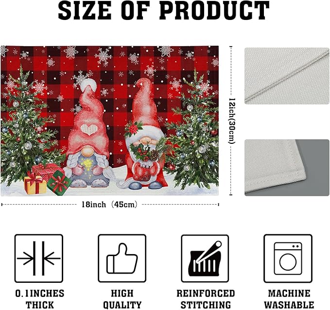 Giwawa Winter Gnomes Placemats Set of 4, Christmas Snowflakes Xmas Trees Linen Table Mats, Red Black Buffalo Plaids Non-Slip Place Mats for Kitchen Dining Holiday Decor, 12x18 Inch