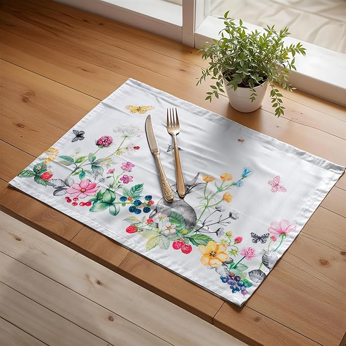 Maison d' Hermine Placemats Set of 4 100% Cotton Washable Cloth Place Mats, Reusable Table Mats for Kitchen Dining Decoration, Party, Wedding, Restaurant Spring/Summer (Printemps, 13" x 19")