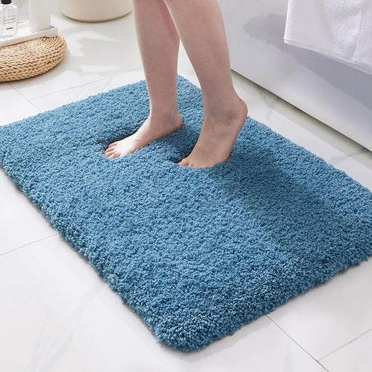 ILANGO Blue Bathroom Rugs 24" × 17" Small Non Slip & Super Absorbent Extra Thick Soft, Washable Bath Mat for Floor, Microfiber Plush Shaggy Bath Rug with Rubber for Bathtub Shower Room Sink