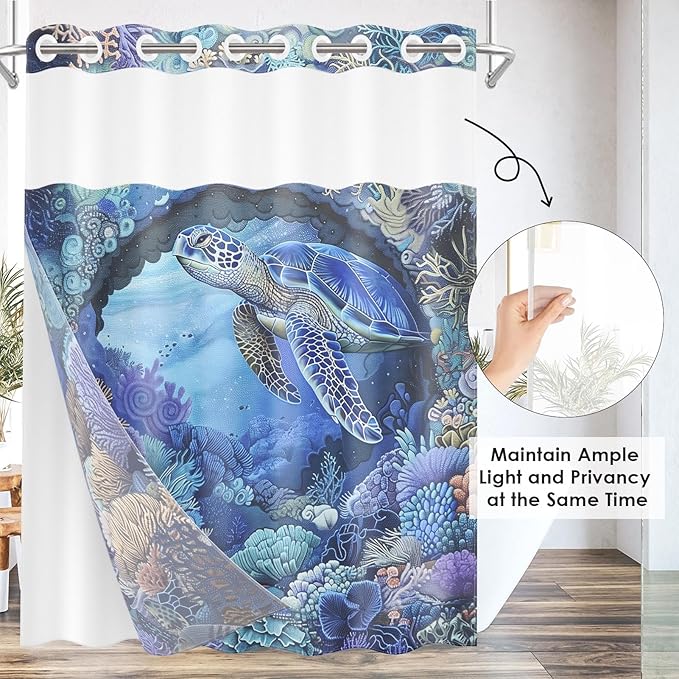 Turtle Navy Blue No Hook Shower Curtain with Snap in Liner, Sea Shells Coral Bath Curtain with Double Layers Waterproof Fabric and Mesh Top Window 71x74 Inch