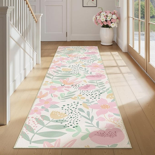 Floral Runner Rug 2x8 Washable Hallway Pink Bedroom Non Slip Cute Long Kitchen Carpet Botanical Indoor Soft Accent Rug for Bathroom Dining Laundry Living Room