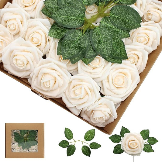 Artificial Flowers 50PCS Champagne Roses Real Looking Foam Fake Roses with Leaves and for DIY Wedding Bouquets Bridal Shower Centerpieces Party Decorations (Champagne)
