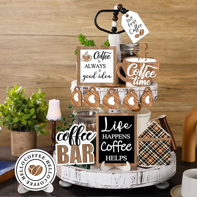 Set of 11 Farmhouse Tiered Tray Decor Rustic Home Tiered Tray Decorations Set Coffee Time Home Wooden Signs Coffee Bar Farmhouse Tabletop Wood Signs for Kitchen Table Shelf Decor