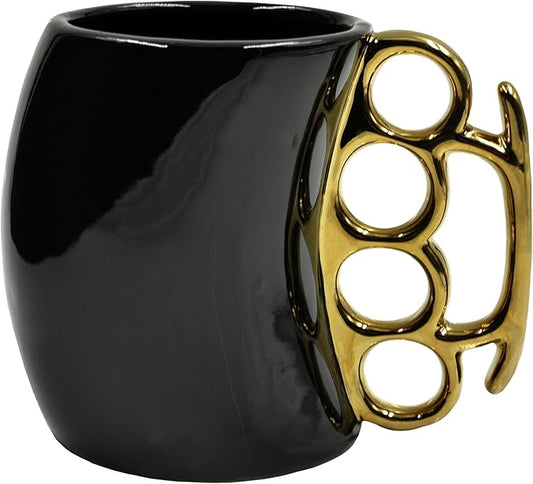Caliber Gourmet Brass Knuckles Cup - Black and Gold Ceramic Self-Defense Novelty Coffee Mug, Unique Knuckles Mug for Collectors, Perfect Odd Coffee Mug Gift Idea for Christmas, Father's Day & More