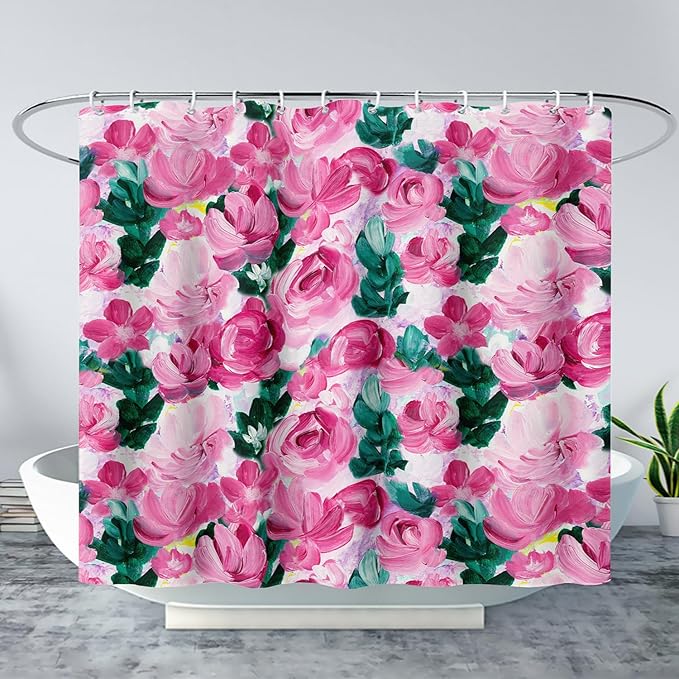 AILONEN Rose Shower Curtain,Large Group of Roses Waterproof Fabric Shower Curtain Set for Girls Kids Teens, 72" W*72" H Oil Painting Rose Theme Bathroom Decor