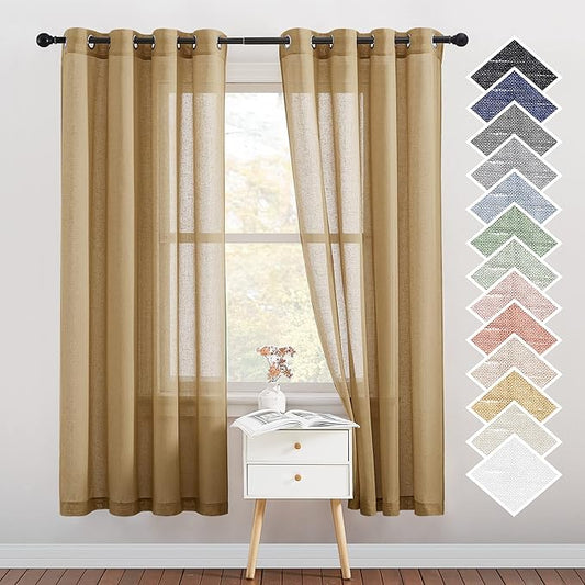 NICETOWN Linen Textured Semi Sheer Bedroom Curtains, Grommet Top Casual Thick Semitransparent Flax Sheer Window Treatment Privacy for Living Room, Camel, W52 x L72, Sold by 2 Panels