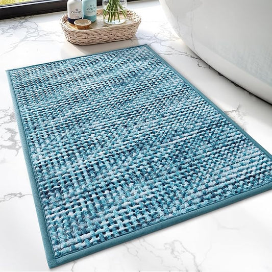 LUMI Chenille Bathroom Rugs, 16"x24" Extra Soft Non Slip Absorbent Bath Rugs, Washable Bath Mats for Bathroom Floor Tub and Shower, Blue