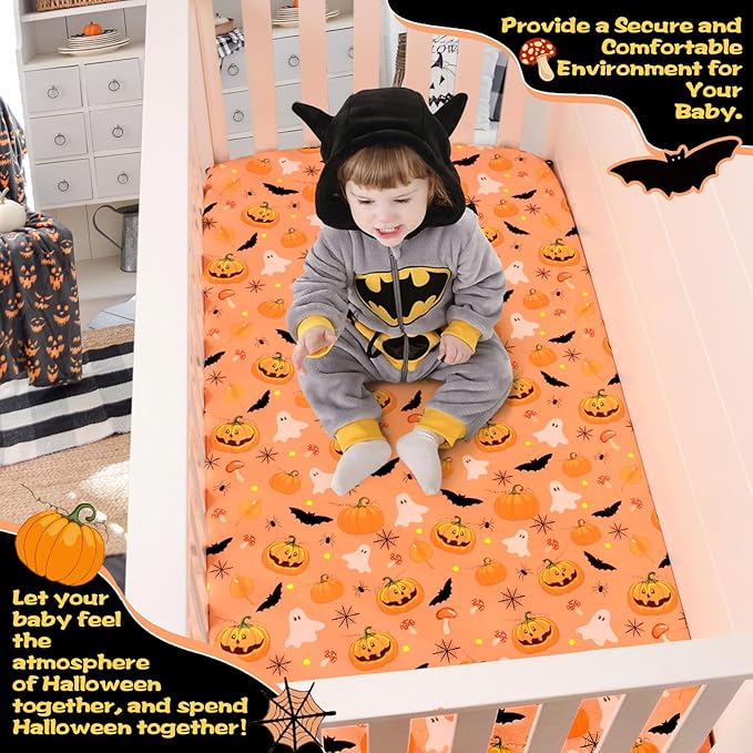 Halloween Crib Sheets, Fitted Crib Sheet with Bats, Ghosts, Pumpkin, Spider, and Mushrooms, Measuring 52'' x 28'' to fit Standard Crib & Toddler Mattresses, Orange