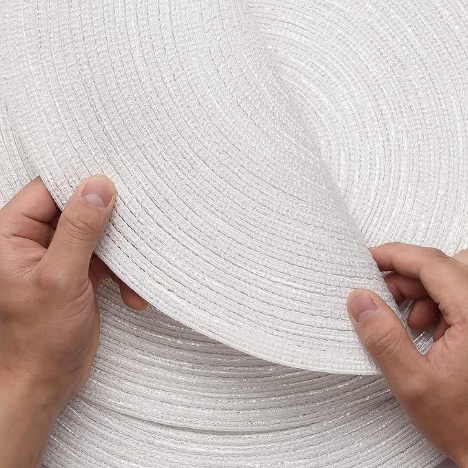 Noctiflorous 15 Inch Round Placemats Set of 6 Durable Braided Woven Heat Resistant Table Mats for Indoor Outdoor Non Slip Dining Table Place Mats(White Silver, 6)