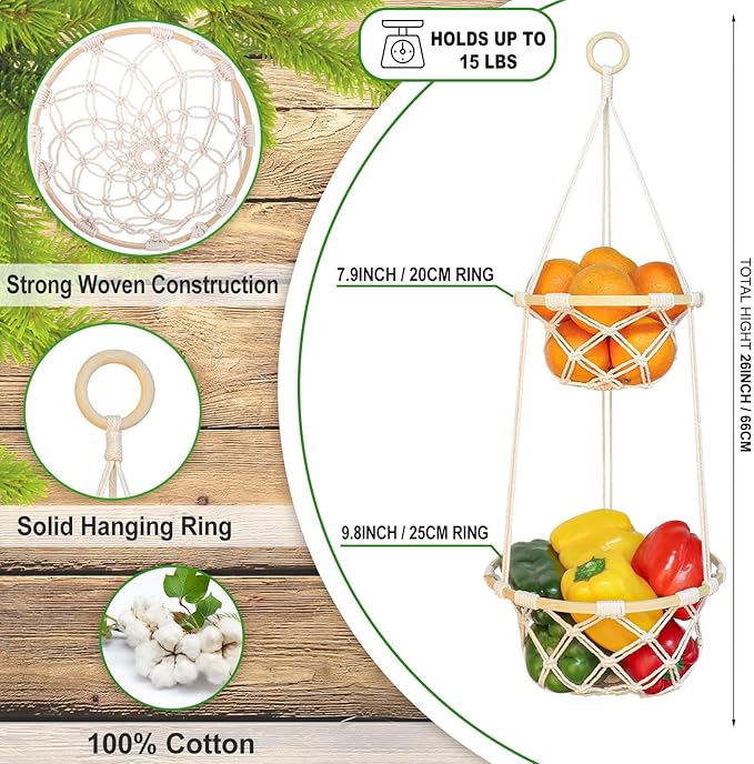 2 Tier Macrame Hanging Fruit Basket, Boho Vegetable Holder for Kitchen Food Storage with Hook, Bohemian Cotton Produce Multi Organizer, Plant Hanger Decor for Home Living Room Women Christmas Gift