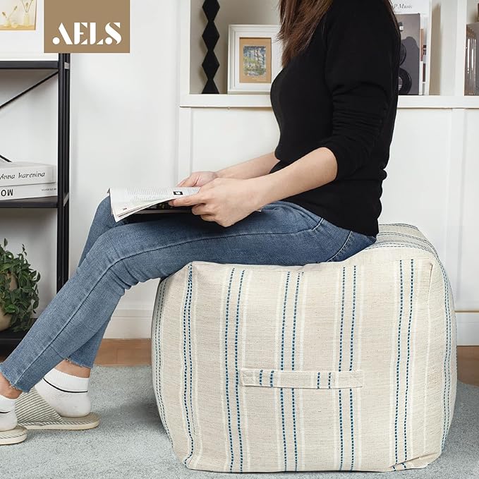 AELS Unstuffed Farmhouse Pouf Cover for Living Room, Boho Storage Bean Bag Cubes, Beige with Navy Blue Stitch Yarn Dyed Stripe Linen Square Ottoman Pouf Foot Rest Footstool, 18"x18"x18", Cover ONLY