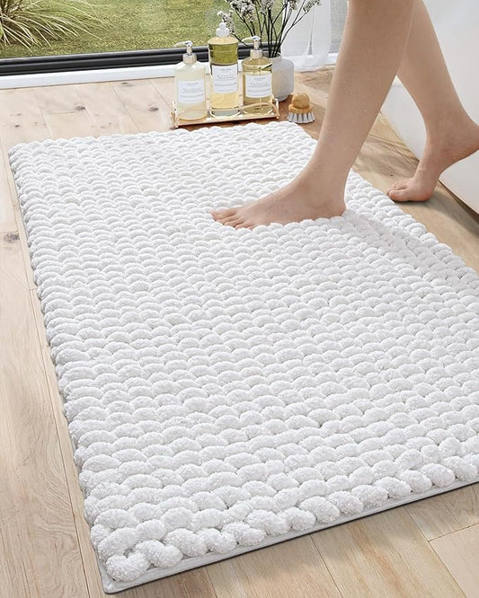 DEXI Bathroom Rugs 24x43, Non Slip Washable Bath Mat, Luxury Chenille Super Absorbent Thick Bathmats for Shower Floor, Plush Fluffy Shaggy Carpet for Tub, White