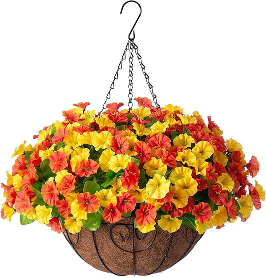 Artificial Hanging Flowers with Basket, Faux Silk Petunias Flower Arrangement, Coconut Lining with Morning Glories Fake Plants Patio Garden Porch Deck Spring Summer Decor(Orange Yellow)