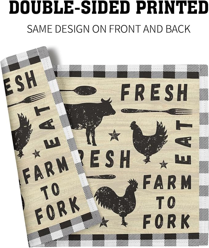 Farm Animal Cow Table Mat Set of 4，Farmhouse Chicken Decor Buffalo Plaid Rectangular Linen Placemats with Non-Slip Kitchen Table Decor 12x18 Inch for Party Kitchen Dining