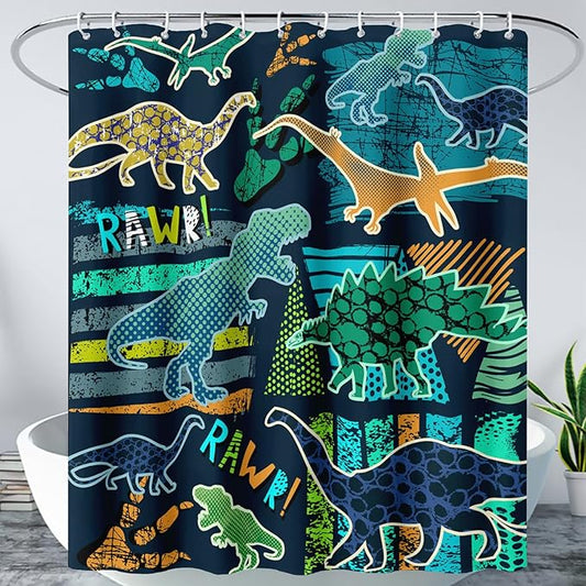 AILONEN Boys Dinosaur Shower Curtain 60" W*72" H for Bathroom,Cartoon Dinosaur Bathroom Shower for Kids Boys,Retro Blue Dinosaur Print Bath Curtain Polyester Waterproof Bathroom Curtain with 12 Hooks